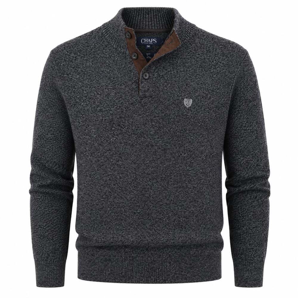 Chaps Men's Charcoal Marled Gray 100% Cotton Button Logo Mock Neck Sweater XXL